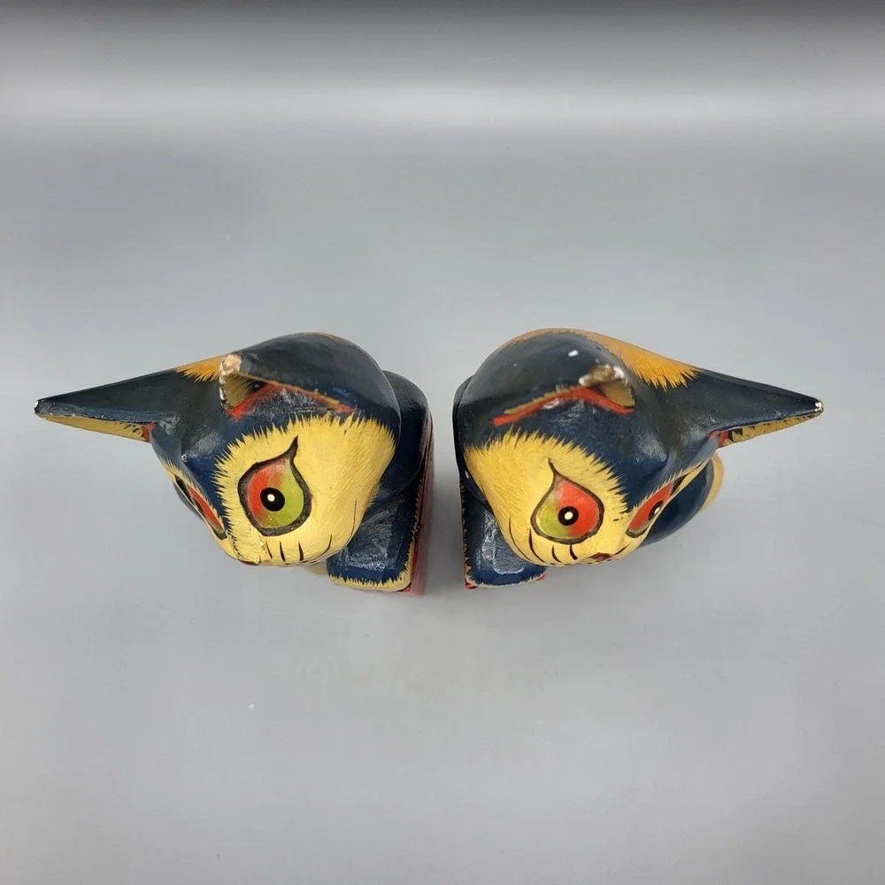 Wooden Cat Bookends Hand Painted Folk Art Colorful Shelf Decor Blue Yellow Red